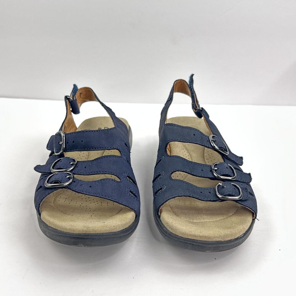 Clarks Sandals Womens 6.5 Navy Blue Nubuck Triple Buckle Sligback Wedge Saylie - Picture 9 of 10